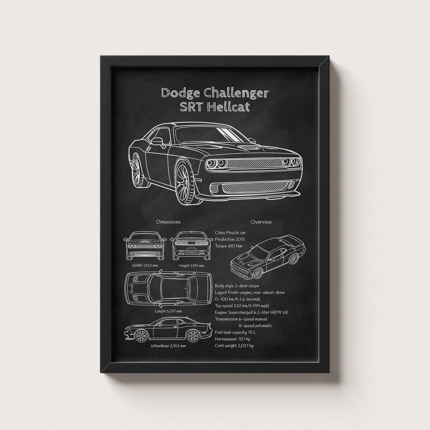 Framed poster of a Dodge Challenger SRT Hellcat on a white background
