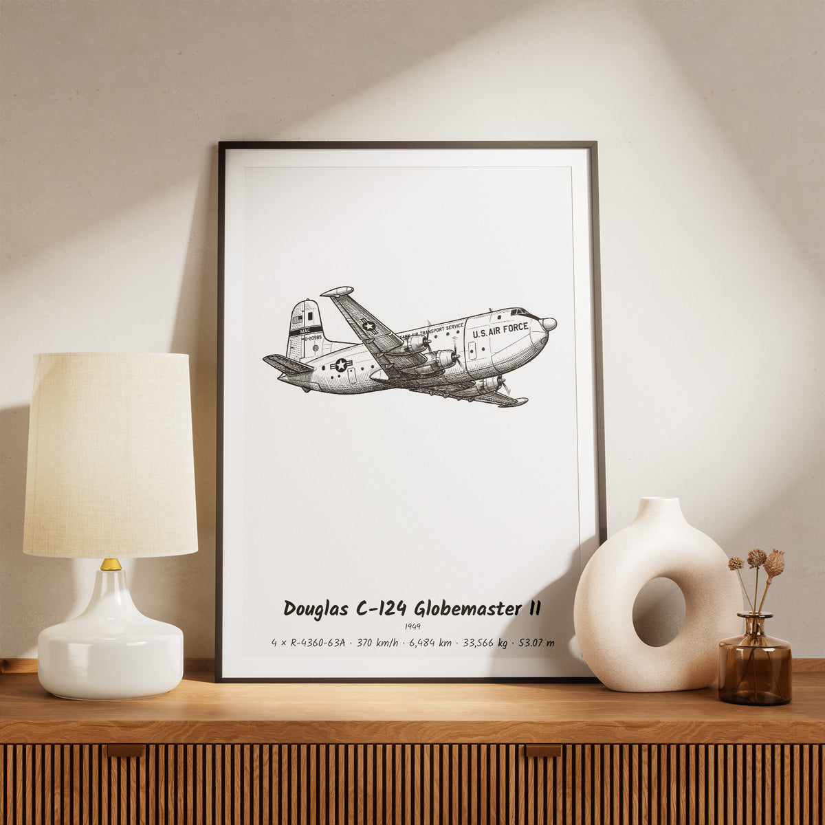 Framed Douglas C-124 Globemaster II Print on a Shelf