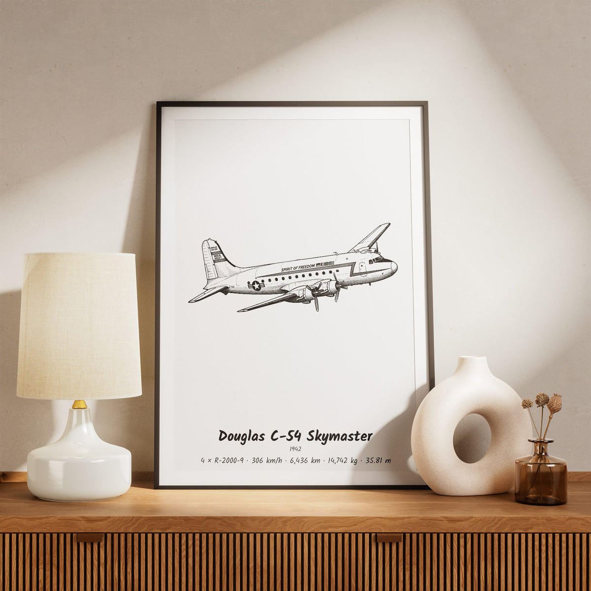 Framed Douglas C-54 Skymaster Print on a Shelf