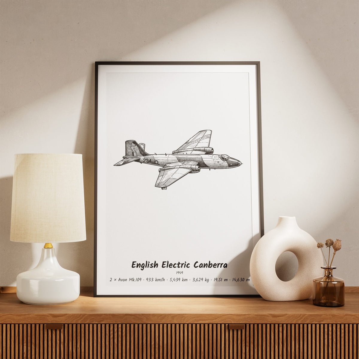 Framed English Electric Canberra Print on a Shelf