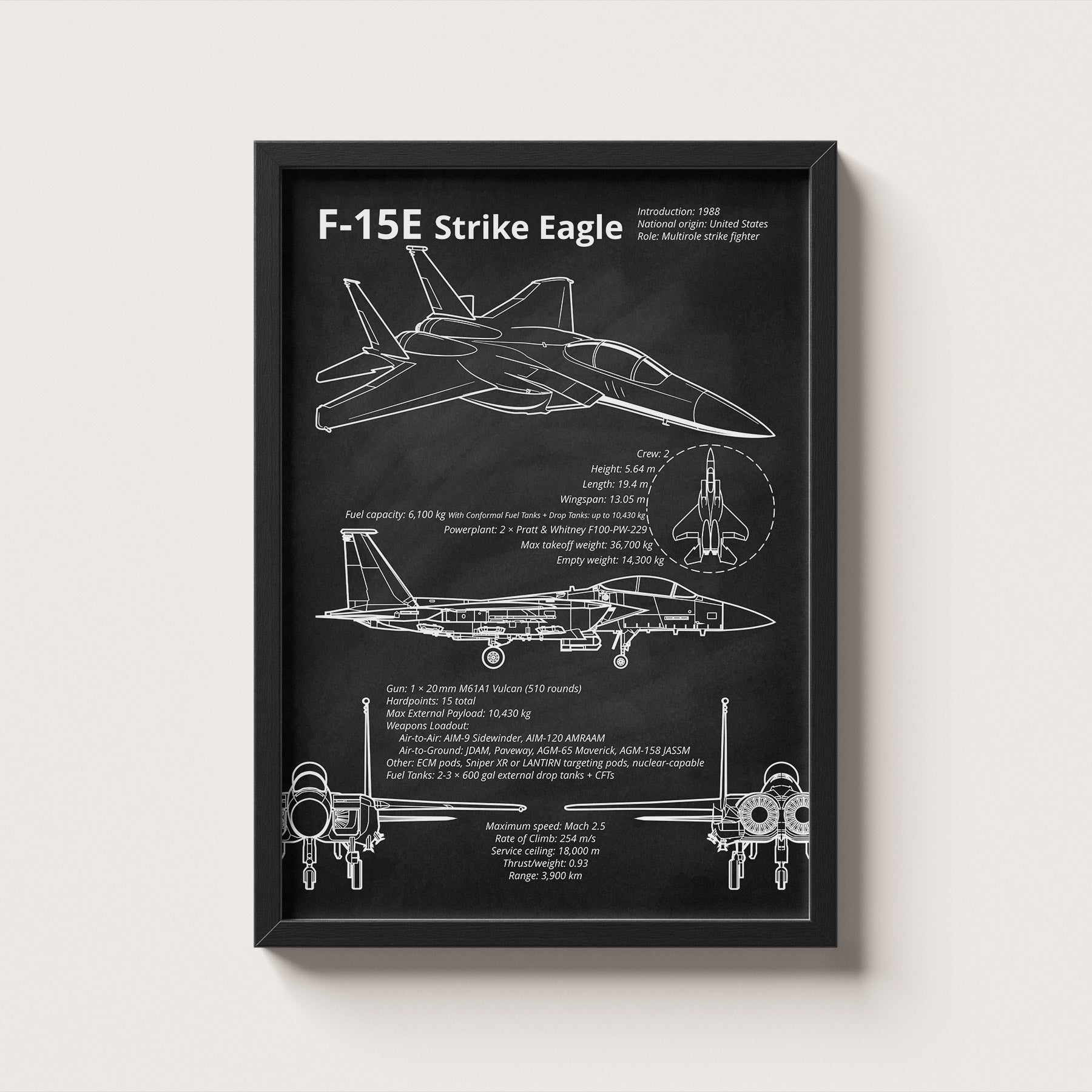 Framed F-15E Strike Eagle blueprint poster hanging on wall – aviation wall art
