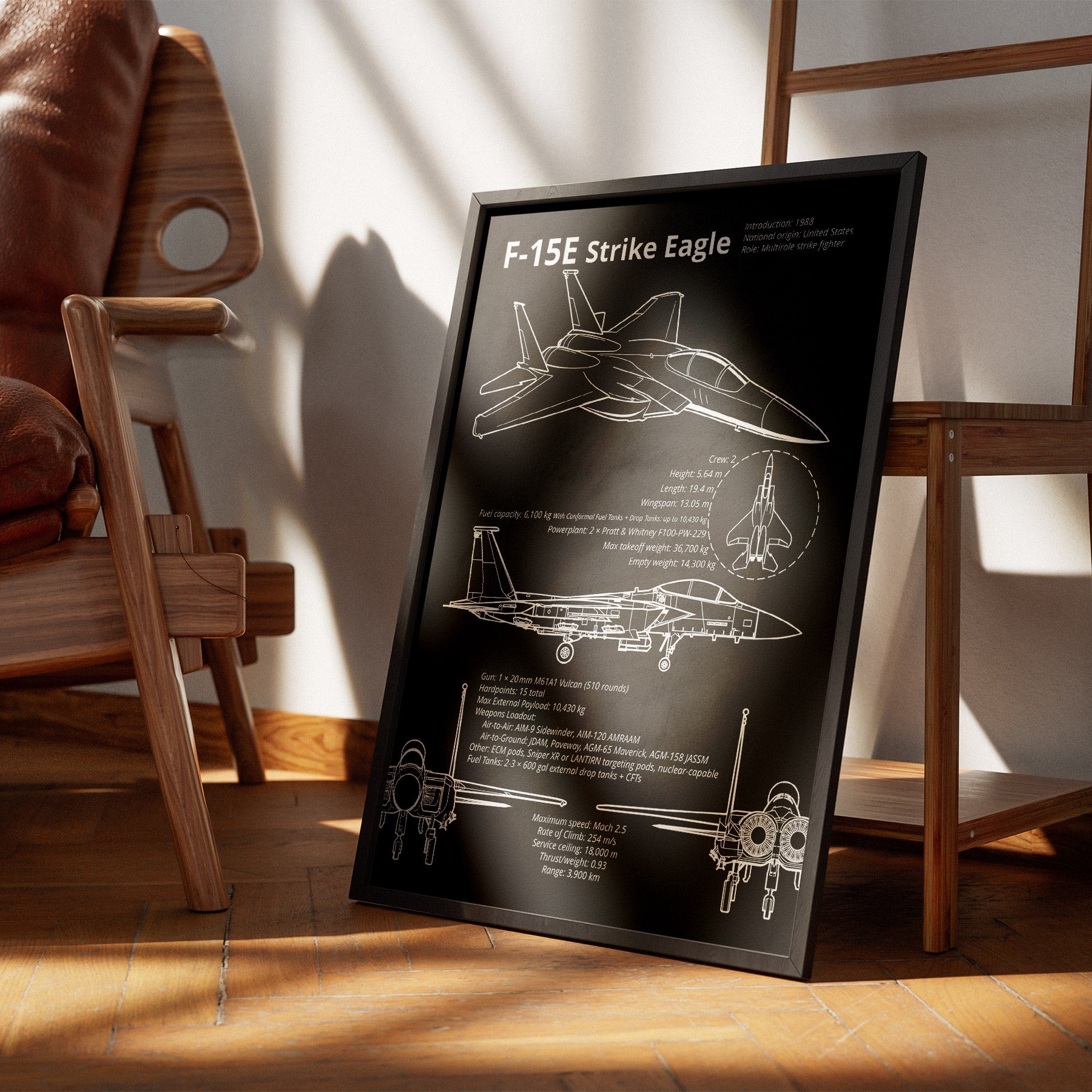 Framed F-15E Strike Eagle blueprint leaning against chair – modern aviation decor