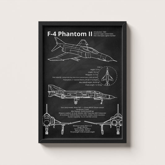 Framed F-4 Phantom II blueprint poster hanging on wall – aviation wall art