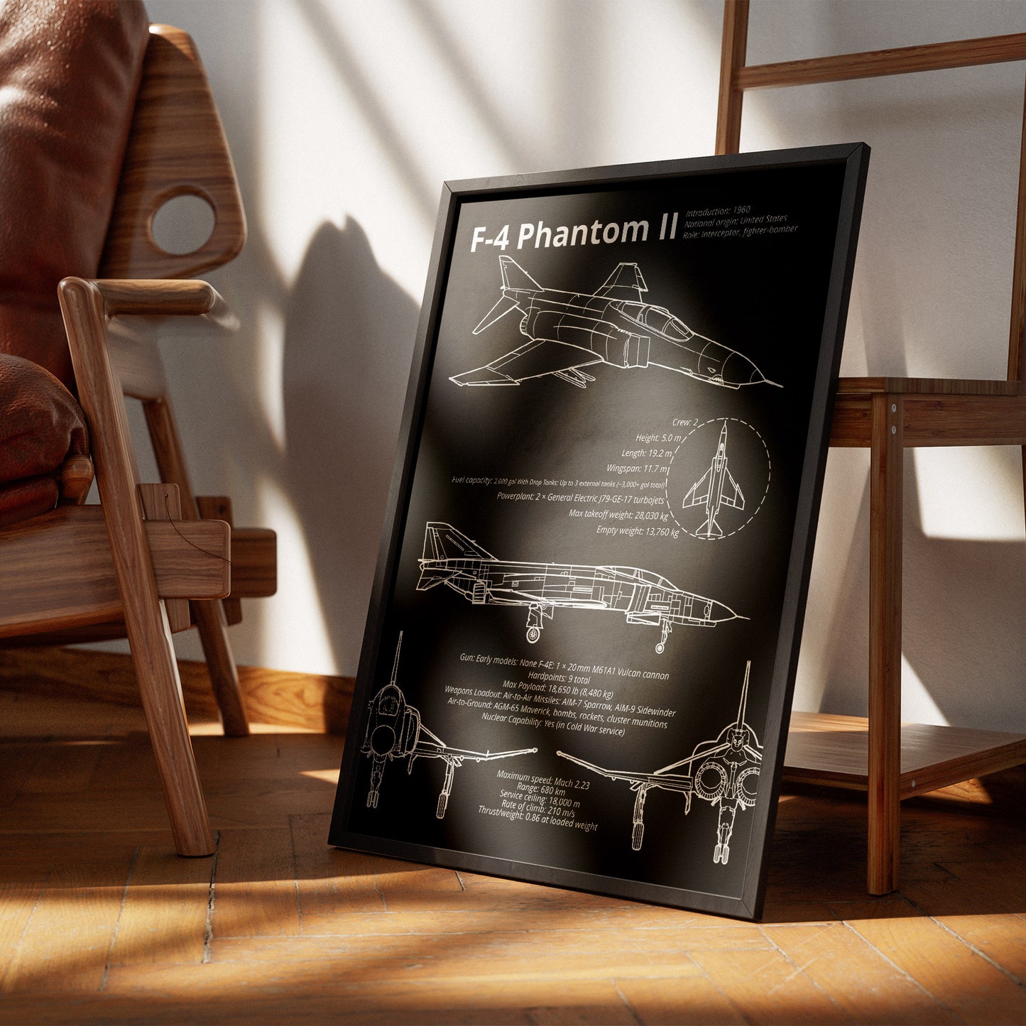 Framed F-4 Phantom II blueprint leaning against chair – modern aviation decor