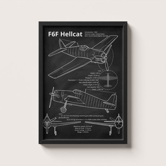 Framed poster of F6F Hellcat airplane design on a white background