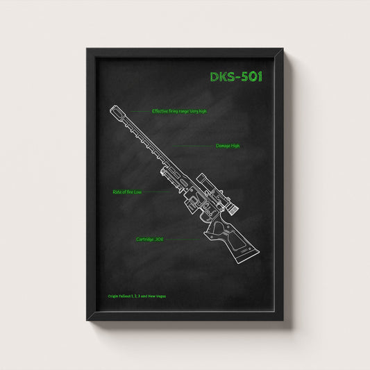 Framed Fallout DKS-501 blueprint poster - minimalist firearm wall art hanging on wall
