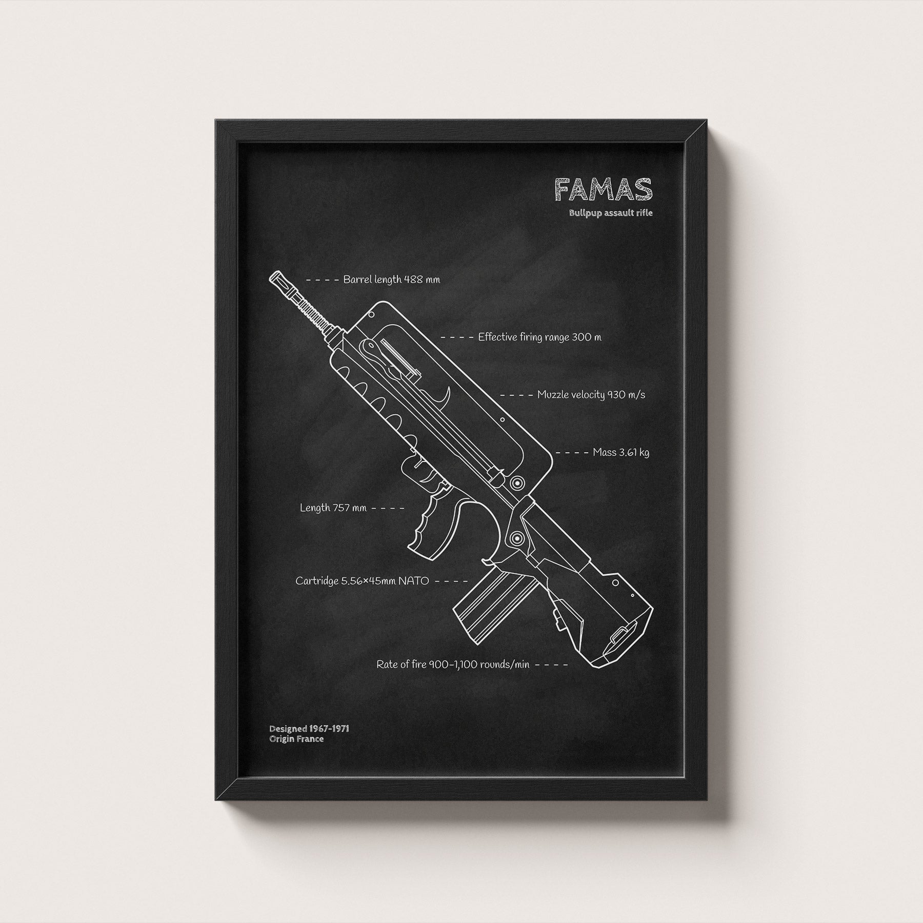Framed FAMAS rifle blueprint poster - minimalist firearm wall art hanging on wall