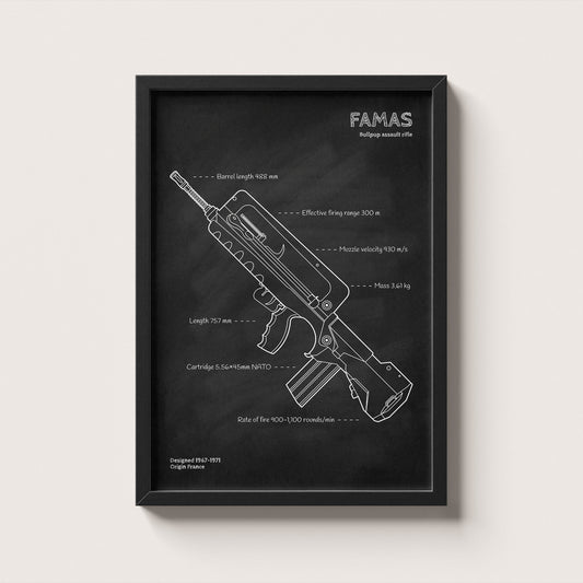 Framed FAMAS rifle blueprint poster - minimalist firearm wall art hanging on wall