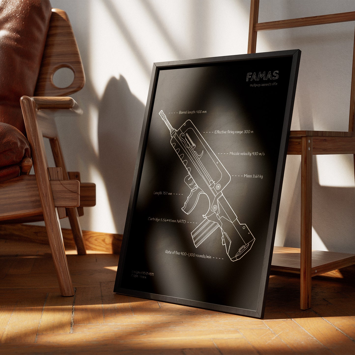 FAMAS rifle blueprint - firearm wall decor displayed next to chair