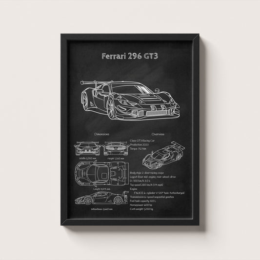 Framed poster of a Ferrari 296 GT3 car blueprint on a white background