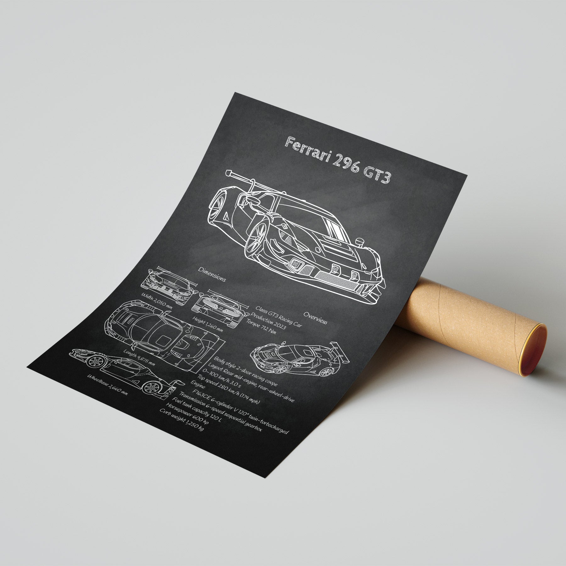 Ferrari 296 GT3 blueprint poster on a gray background