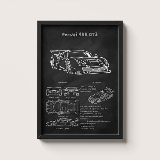 Framed poster of a Ferrari 488 GT3 on a white wall
