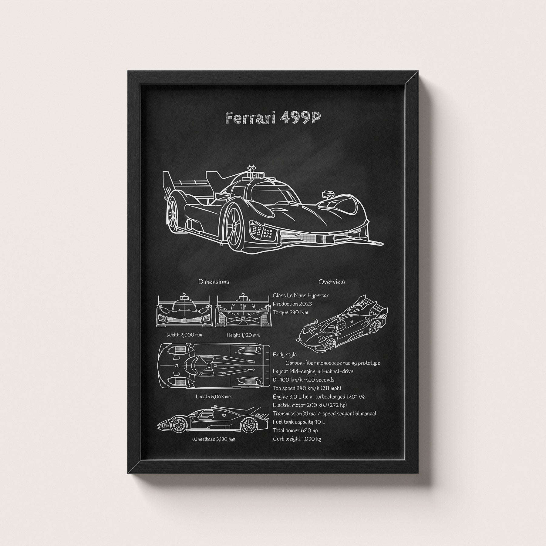 Framed poster of a Ferrari 499P race car design on a black background