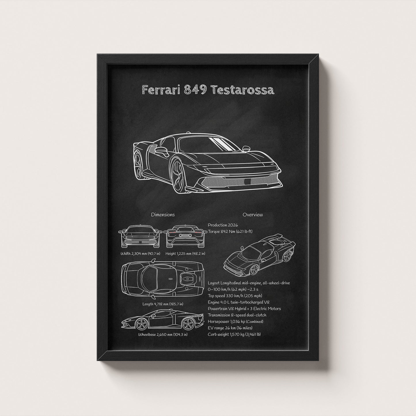 Framed poster of Ferrari 849 Testarossa on a white wall