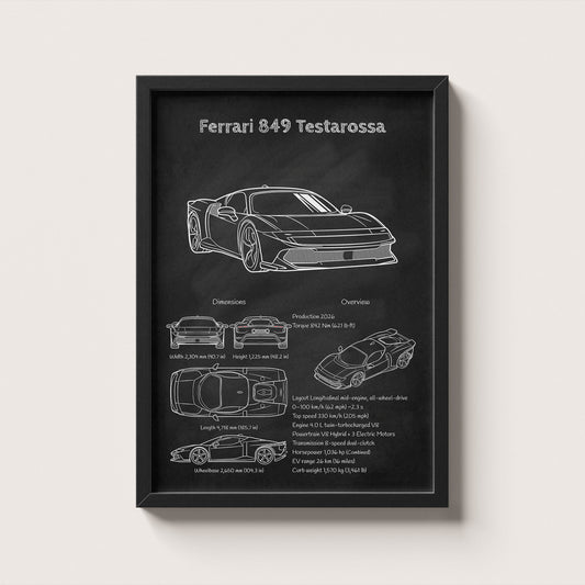 Framed poster of Ferrari 849 Testarossa on a white wall