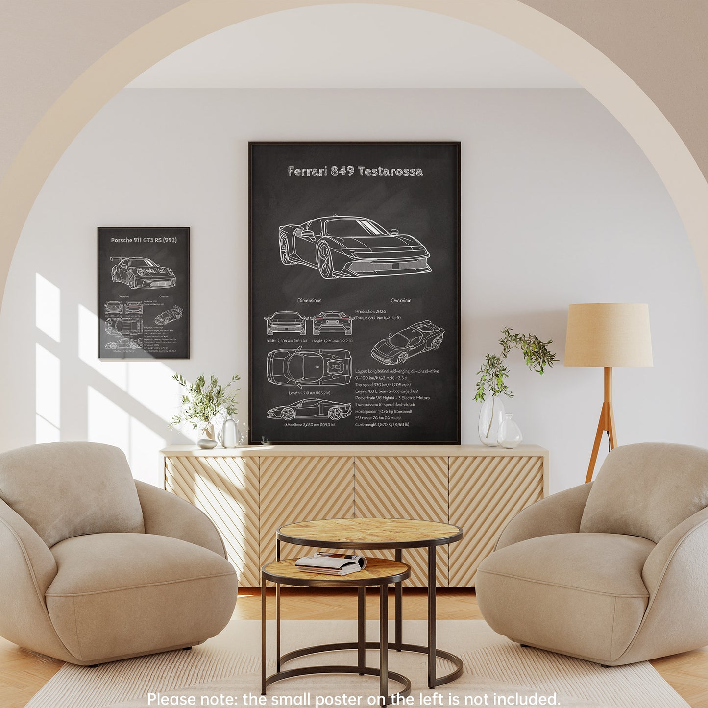 Living room with beige armchairs, a coffee table, and a large Ferrari 849 Testarossa poster on the wall.