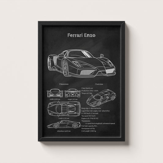 Framed poster of a Ferrari Enzo with technical drawings on a black background