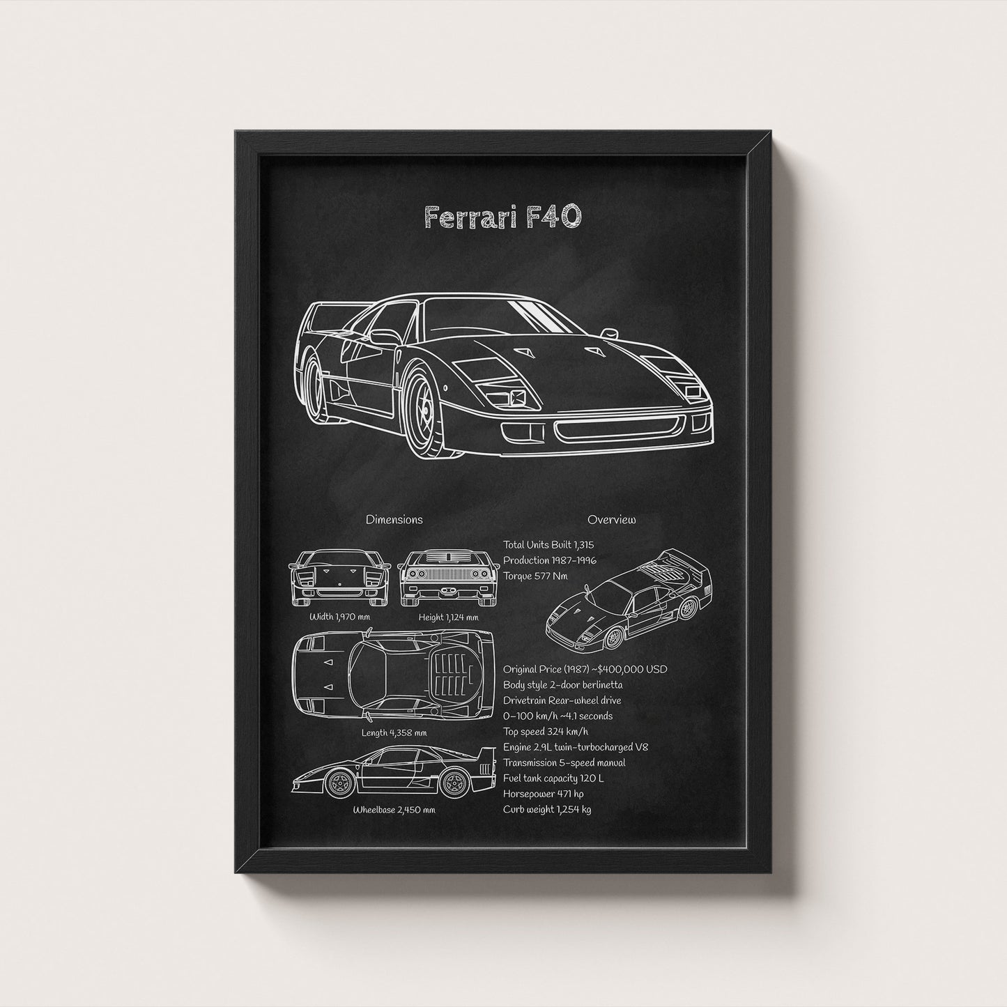 Framed poster of a Ferrari F40 with technical drawings and specifications on a black background.