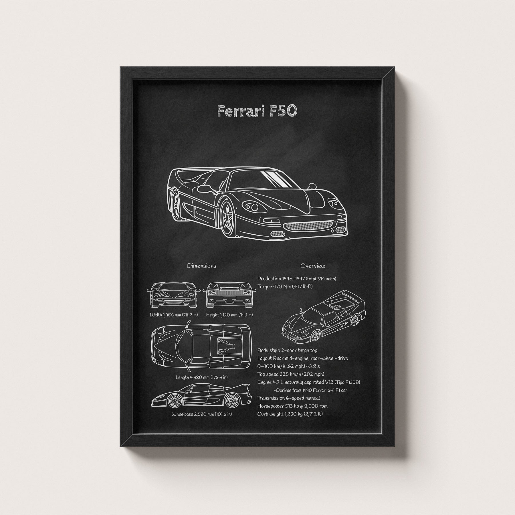Framed Ferrari F50 blueprint poster hanging on wall – classic car engineering wall art