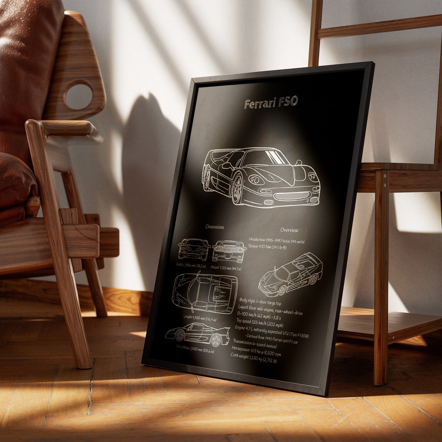 Framed Ferrari F50 on a wooden floor with a chair and table in the background.