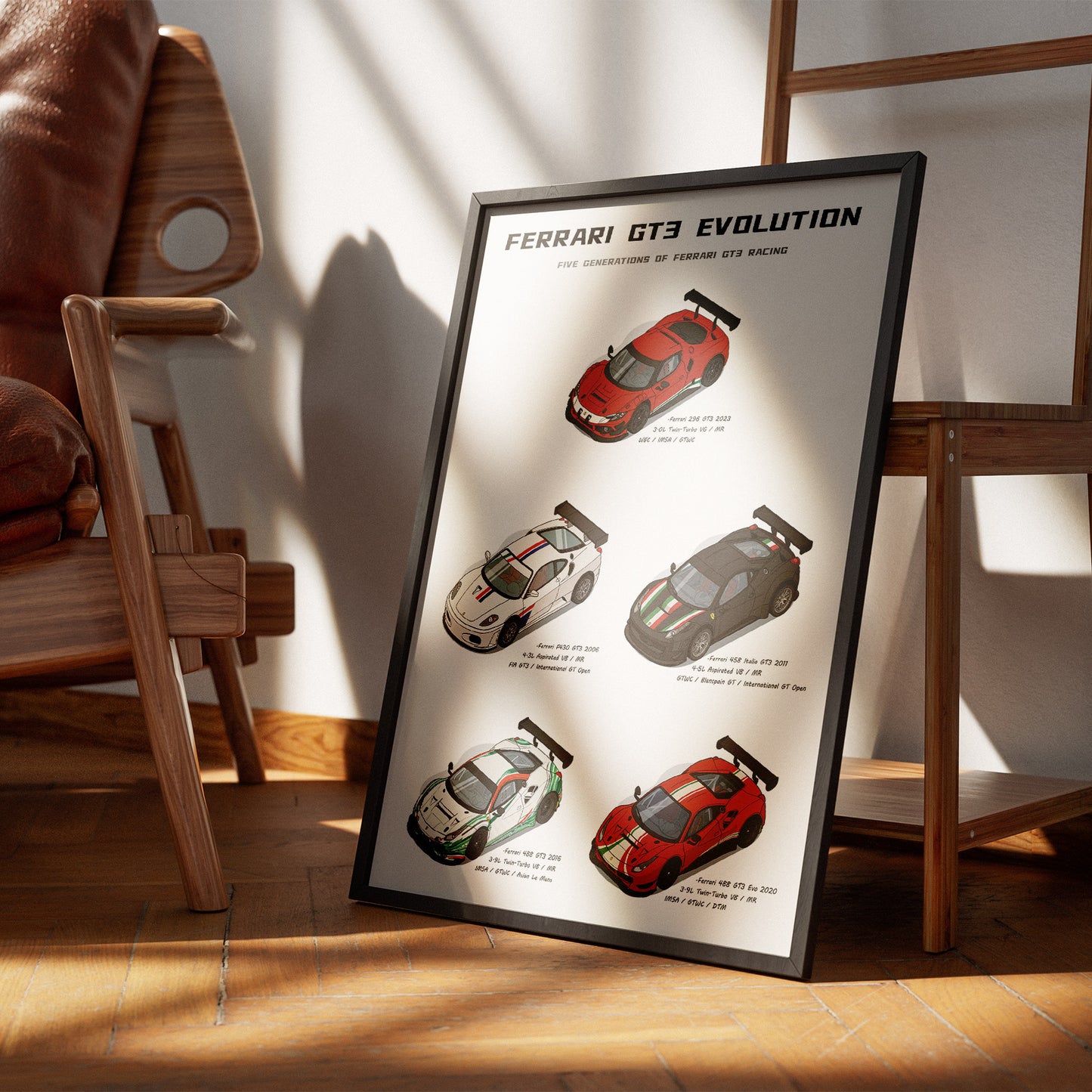 A framed poster titled 'FERRARI GT3 EVOLUTION' leaning against a wall on a wooden floor, surrounded by a brown leather chair and wooden furniture in a sunlit room.