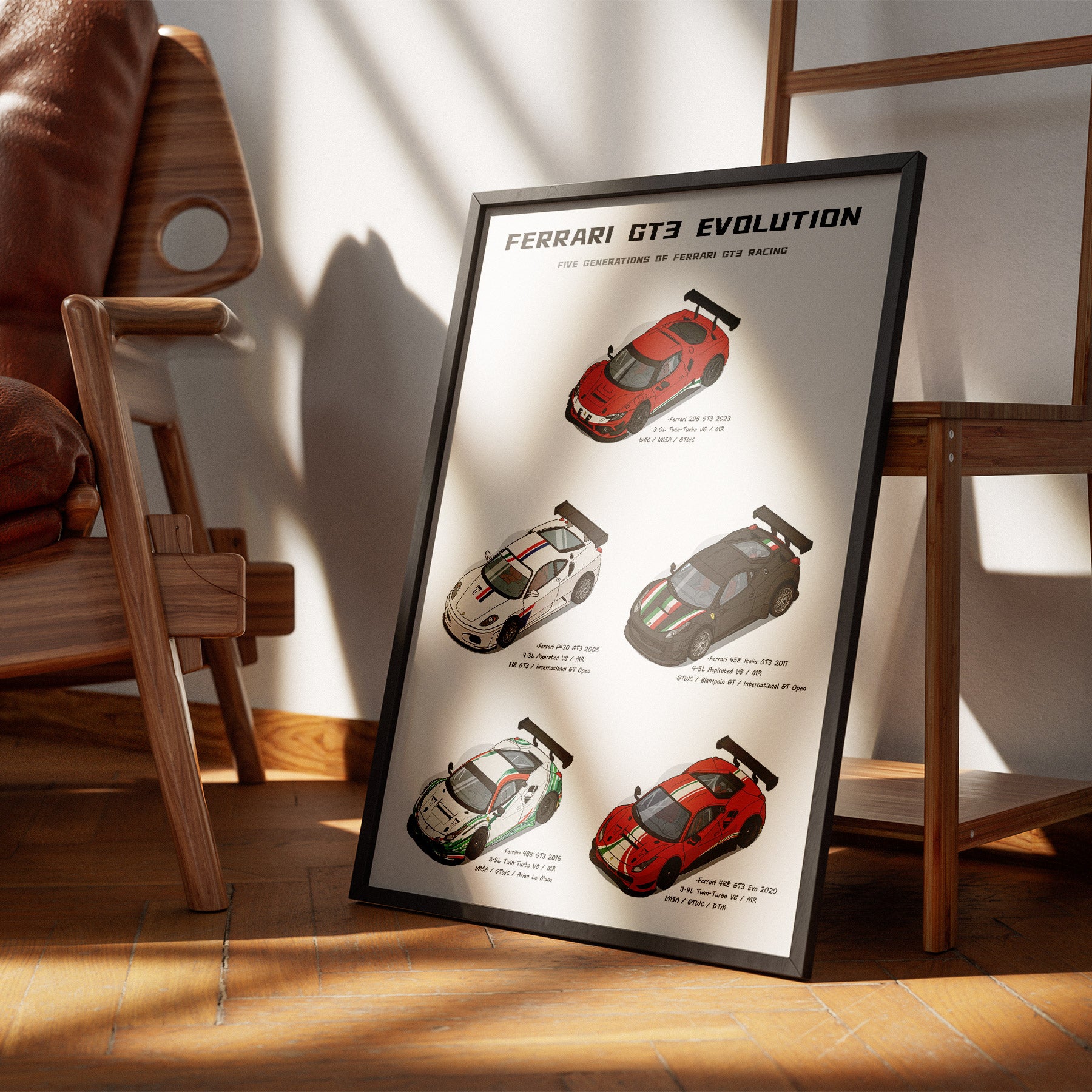 A framed poster titled 'FERRARI GT3 EVOLUTION' leaning against a wall on a wooden floor, surrounded by a brown leather chair and wooden furniture in a sunlit room.
