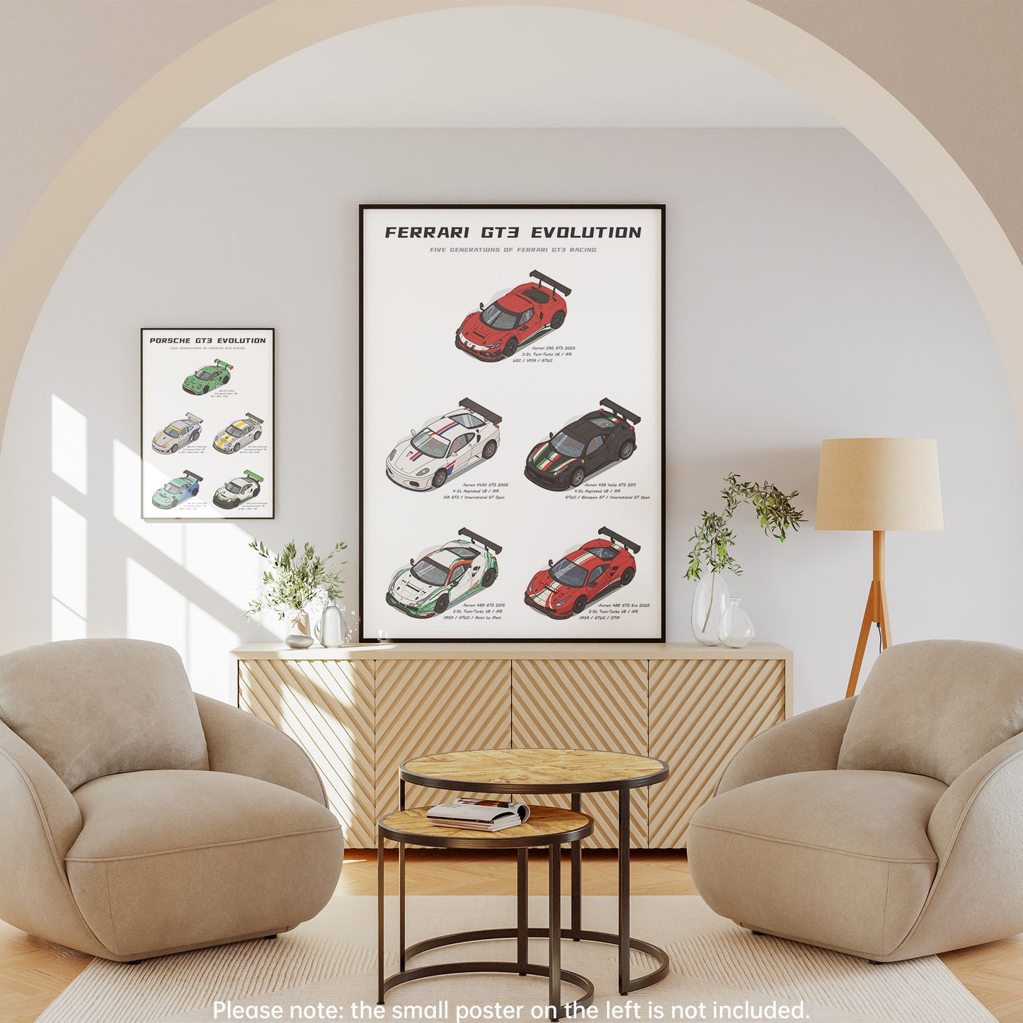 A framed Ferrari GT3 Evolution poster is displayed on a light gray wall in a modern living room setting with two beige armchairs, a wooden sideboard, and a floor lamp. The main poster features detailed illustrations of various Ferrari GT3 race cars, including red, green, black, and white models.