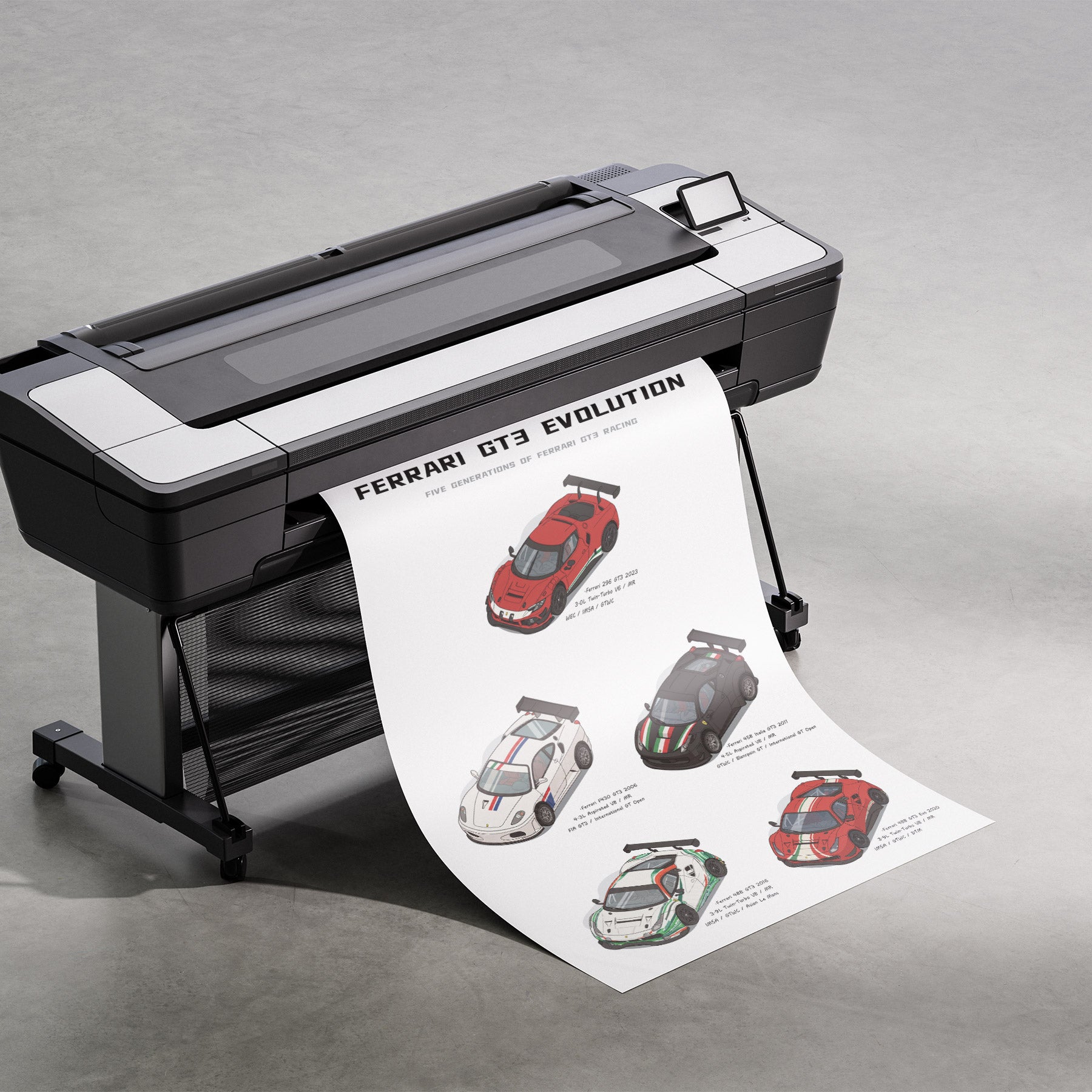 A large black and white printer on a gray studio floor, printing and releasing a long white sheet featuring illustrated Ferrari GT3 evolution race cars with the text 'FERRARI GT3 EVOLUTION'.