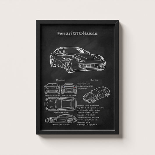 Framed poster of Ferrari GTC4Lusso with technical drawings and specifications on a black background.
