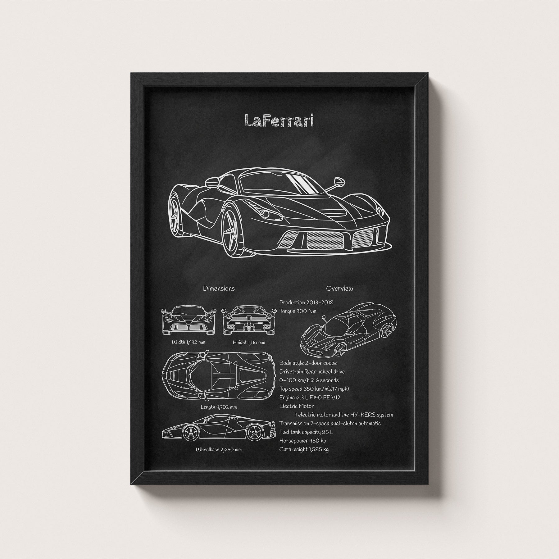 Framed poster of a Ferrari LaFerrari car design on a white background