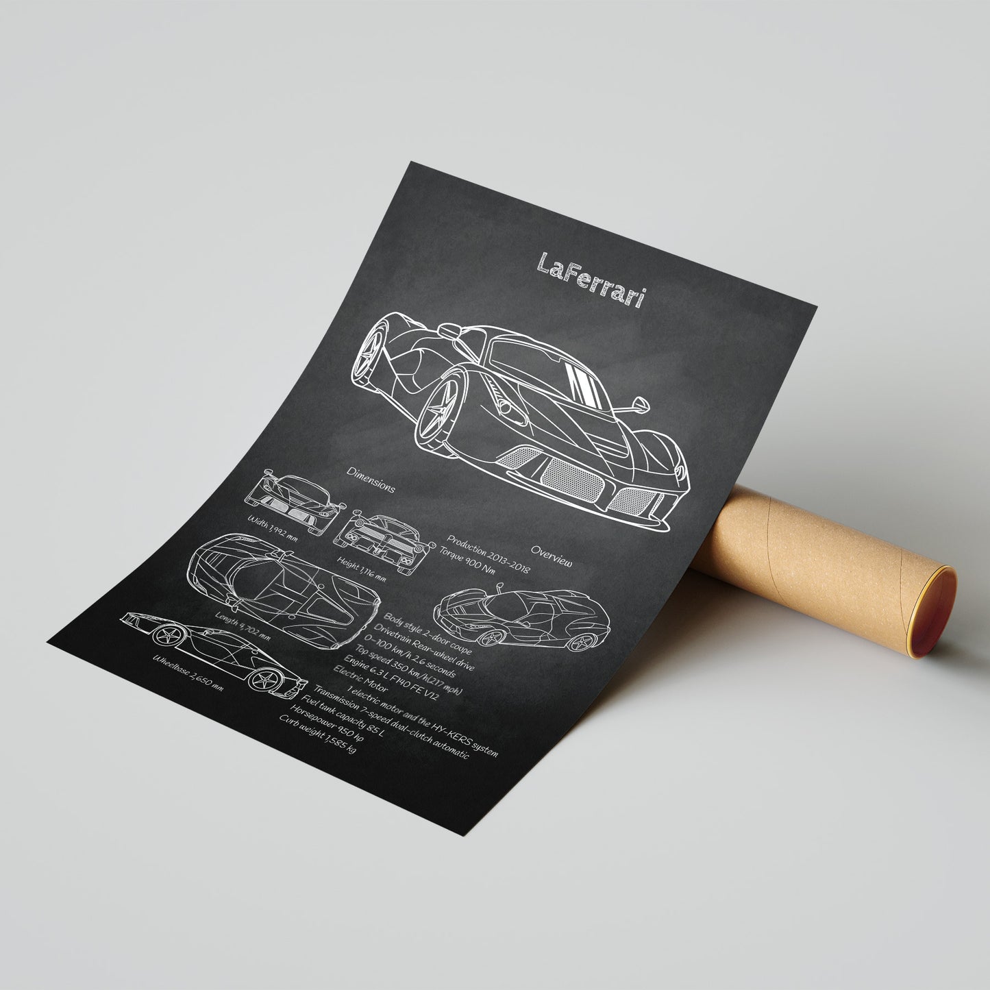 LaFerrari car blueprint on a black paper with a wooden roll on a light gray background