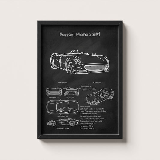 Framed poster of Ferrari Monza SP1 with technical drawings on a black background