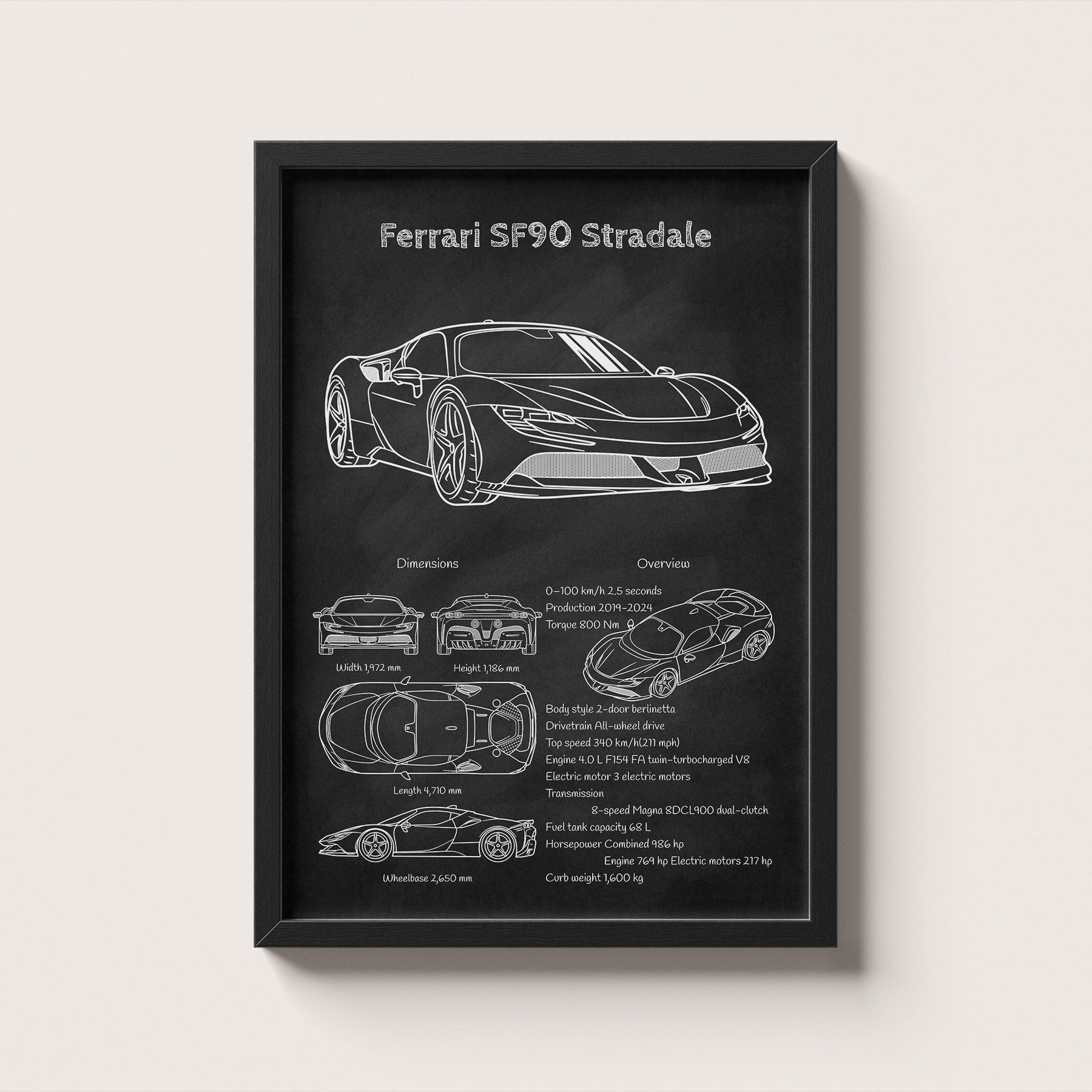 Framed poster of Ferrari SF90 Stradale on a white background