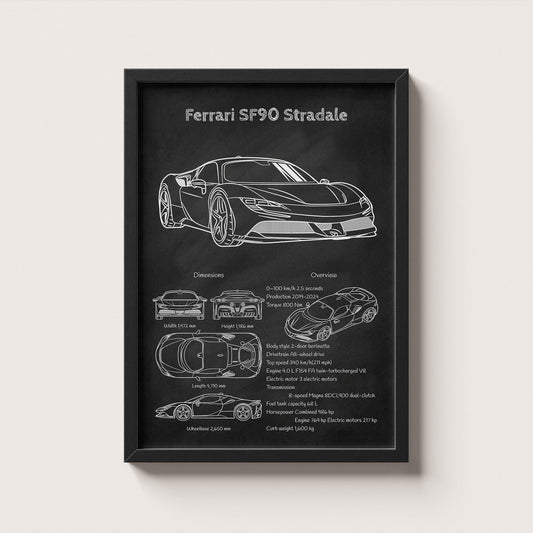 Framed poster of Ferrari SF90 Stradale on a white background