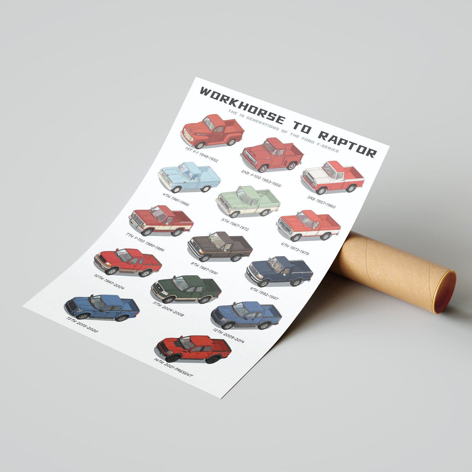 Sheet of illustrated car designs with Ford F-Series F-150 Evolution on a gray background