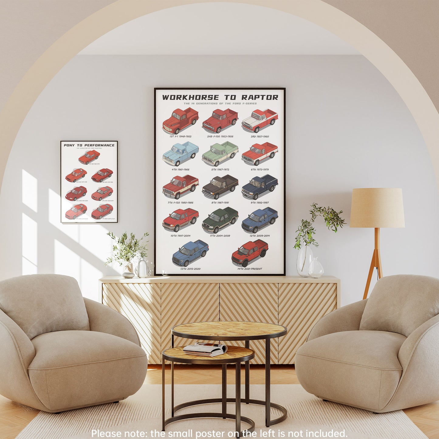 Living room with a large Ford F-Series Evolution framed poster on the wall and two beige armchairs.