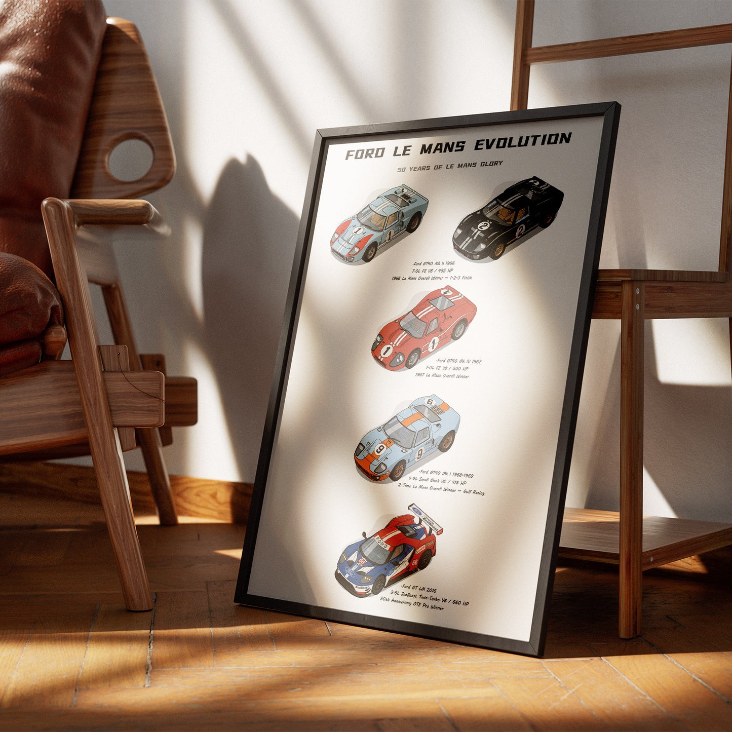 A framed vintage-style poster titled 'Ford Le Mans Evolution' leaning against a wooden chair in a sunlit room. The poster shows four racing cars with labels and text, set against a warm neutral interior with wood flooring and furniture.