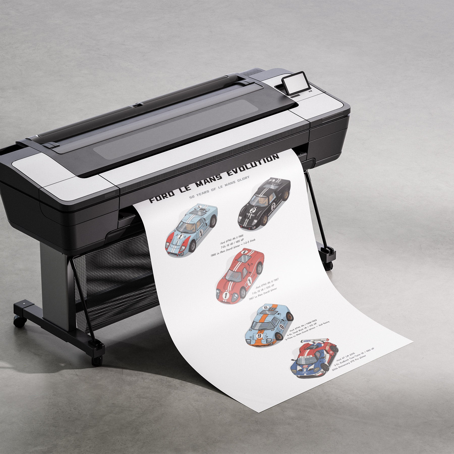 A large black and white industrial flatbed printer on a stand, printing a long white sheet featuring illustrated vintage race cars and the text 'Ford Le Mans Evolution'.