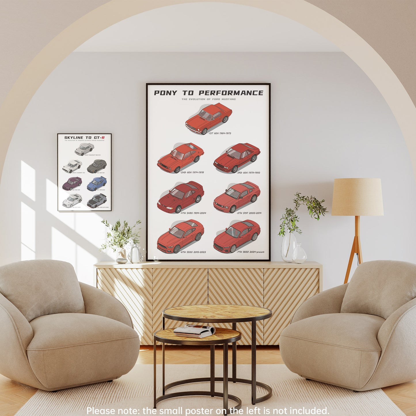 Living room with a large framed poster of Ford Mustang evolution cars on a wall, surrounded by beige furniture and decor.