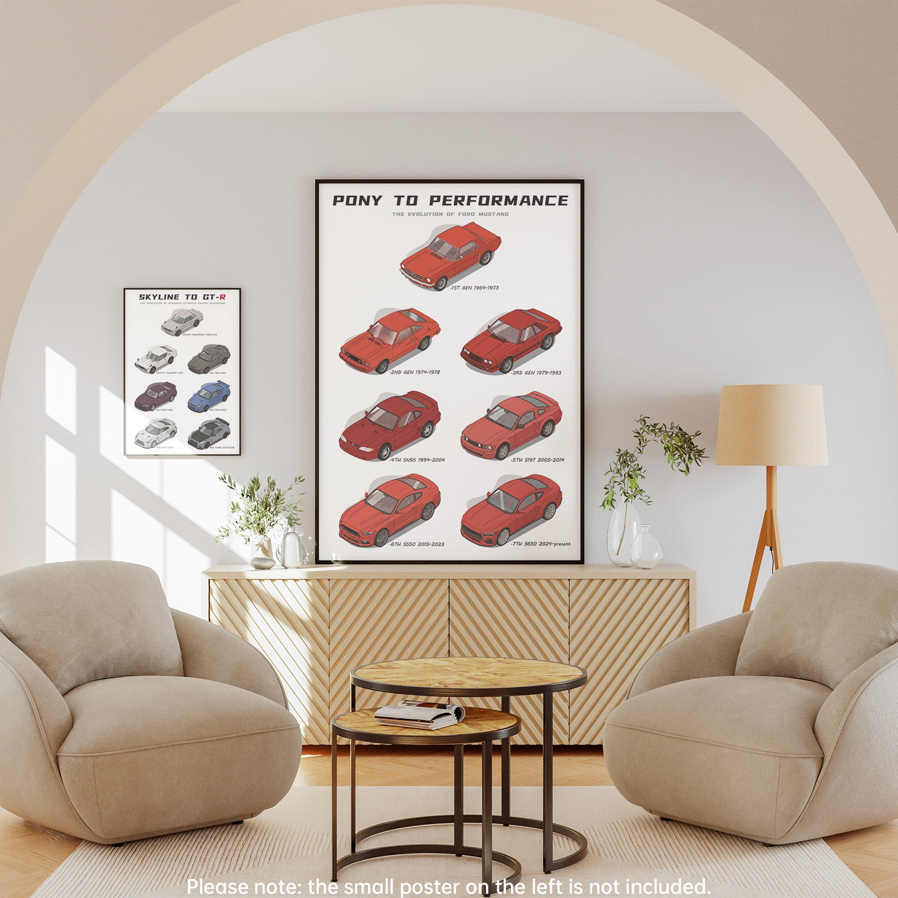 Living room with a large framed poster of Ford Mustang evolution cars on a wall, surrounded by beige furniture and decor.