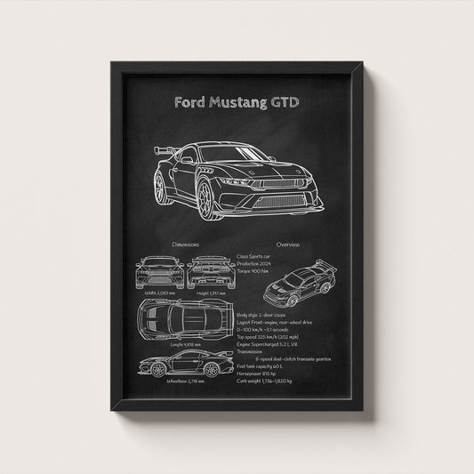 Framed poster of a Ford Mustang GTD design on a black background