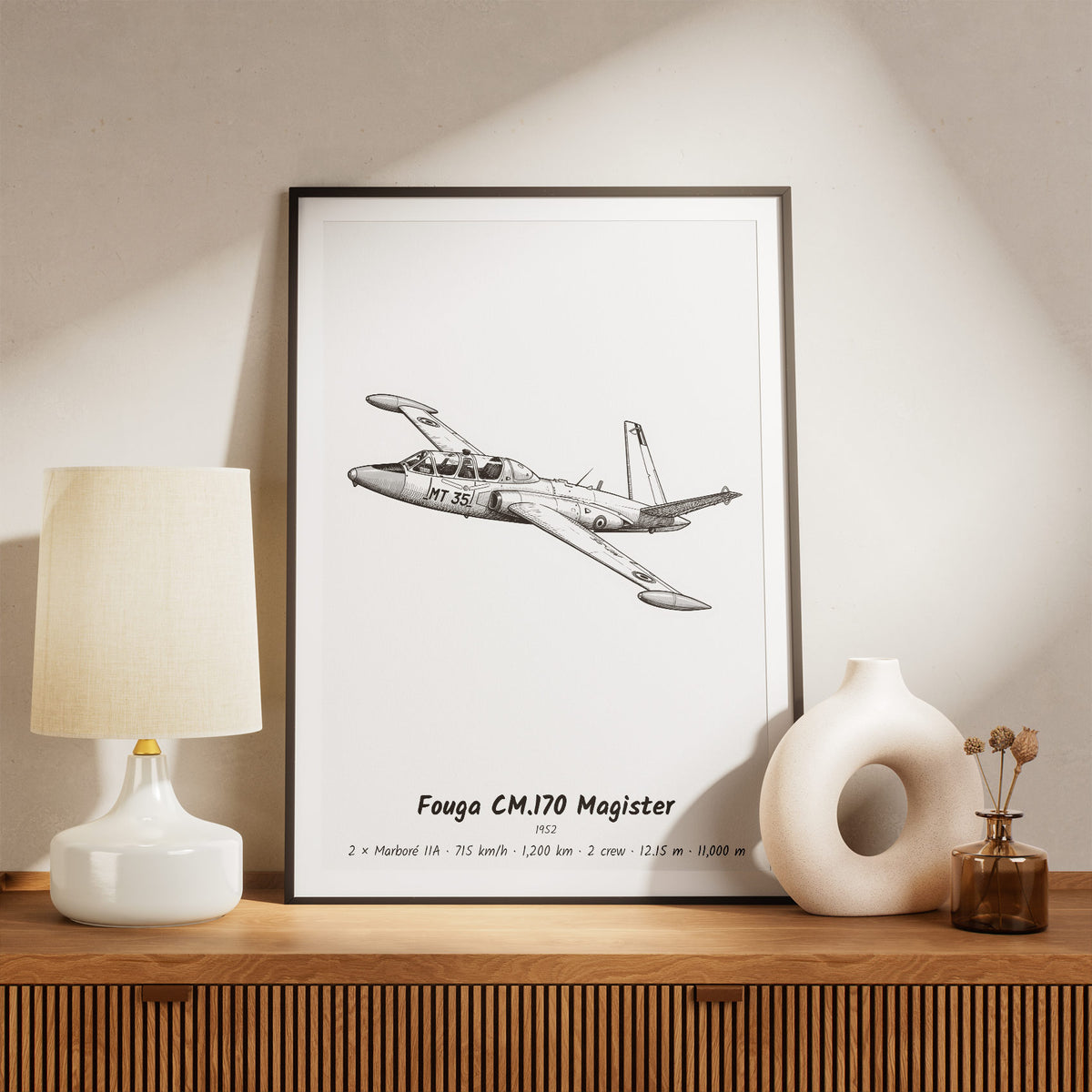 Framed Fouga CM.170 Magister Print on a Shelf