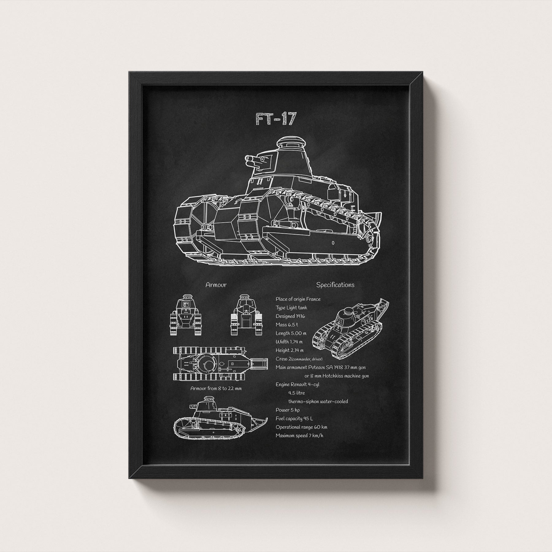 Framed FT-17 tank blueprint poster hanging on wall – military wall art for home or office