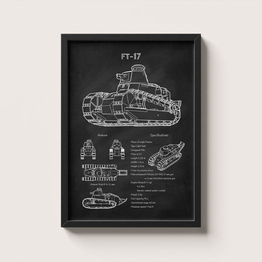 Framed FT-17 tank blueprint poster hanging on wall – military wall art for home or office