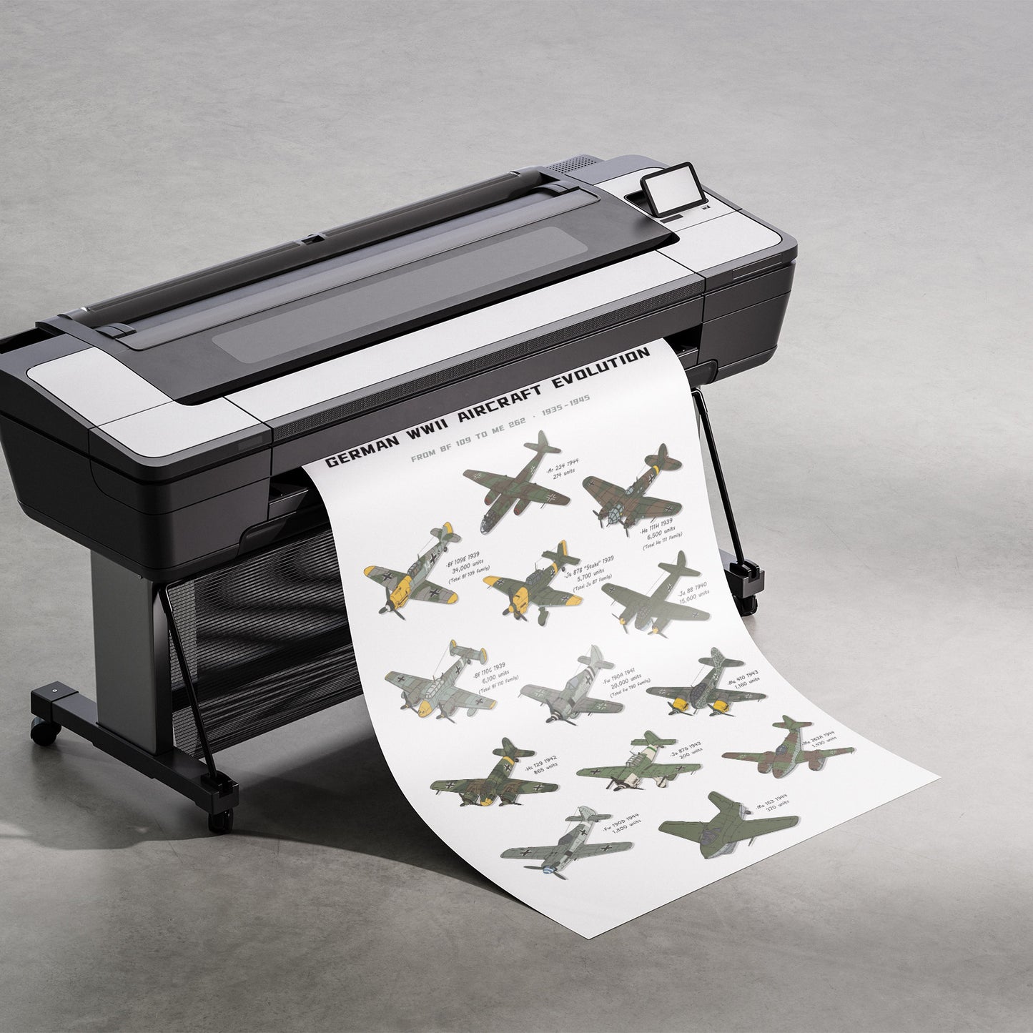 A large black and white printer on a stand printing a long white sheet featuring illustrated military aircraft and the text 'GERMAN WWII AIRCRAFT EVOLUTION,' shown on a gray studio background.