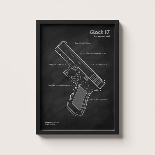 Framed artwork of a Glock 17 firearm design on a black background