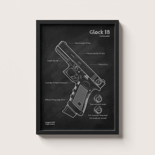 Framed Glock 18 pistol blueprint poster - minimalist firearm wall art hanging on wall