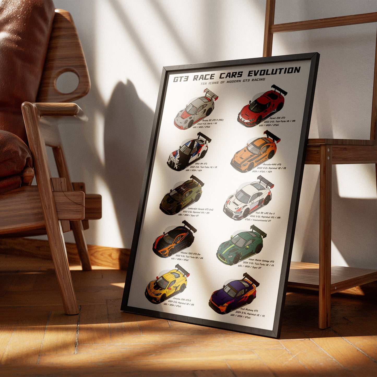 A framed poster titled 'GT3 RACE CARS EVOLUTION' leaning against a wooden chair in a sunlit room. The poster shows a vertical sequence of colorful GT3 race cars on a white background with black frame.