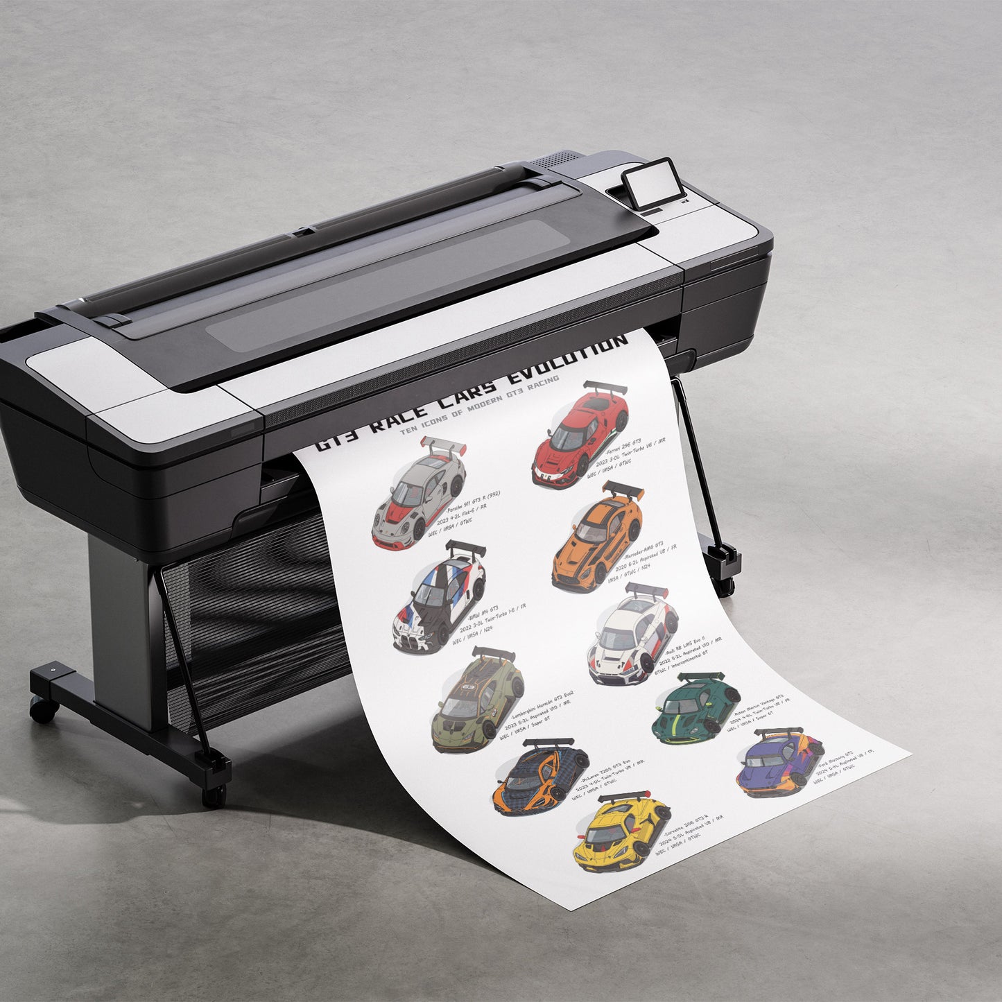 A large-format desktop printer on a gray studio floor, printing and releasing a long sheet of poster art titled "10 WILD CARS EVOLUTION" with illustrated race cars.