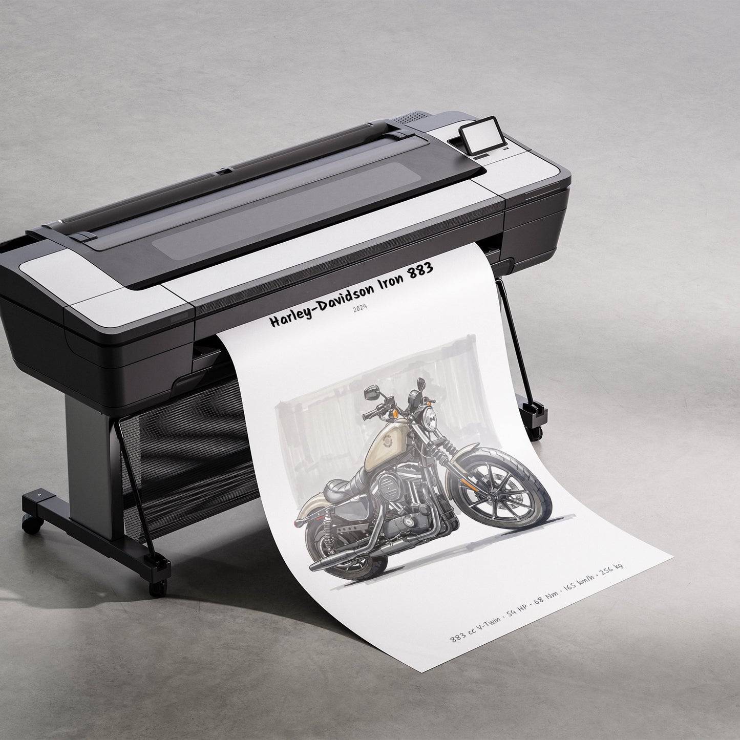 A large black and white wide-format printer on a stand, printing a detailed grayscale motorcycle illustration labeled 'Harley-Davidson Iron 883' onto a long sheet of paper.